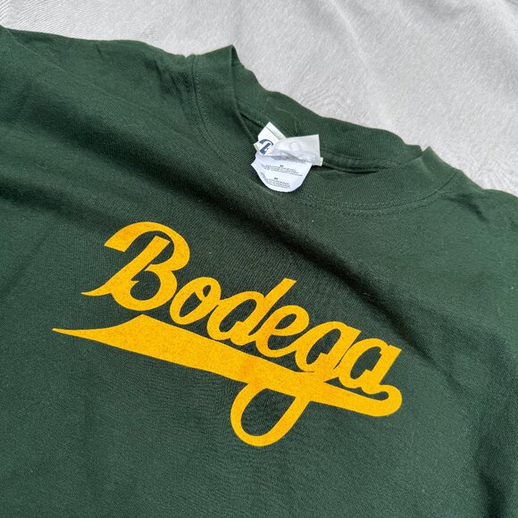 Y2K Bodega Yellow Baseball Script Green Long Sleeve Shirt Size Medium - Picture 1 of 4